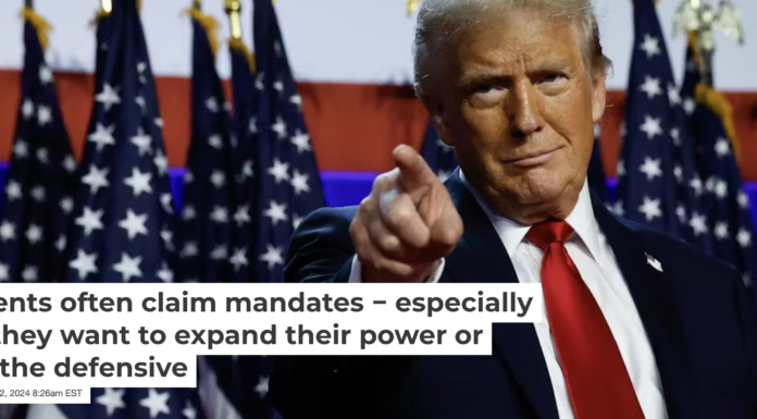 Donald Trump at an election night celebration early on Nov. 6, 2024, when he claimed “an unprecedented and powerful mandate” from voters. Chip Somodevilla/Getty Images